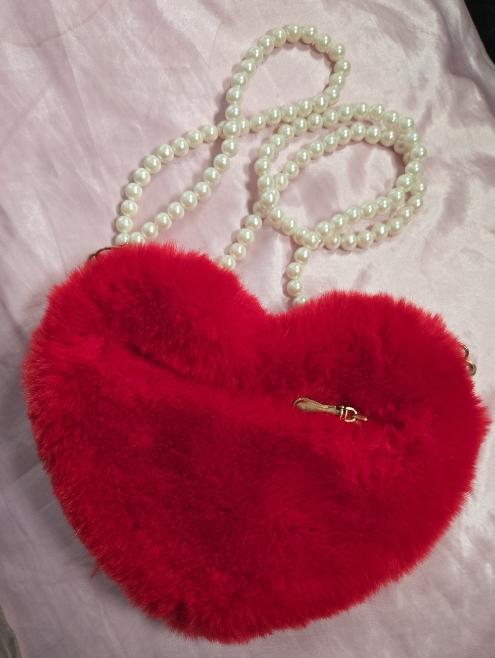 Red Heart Faux-Fur Crossbody Bag with Pearl Strap